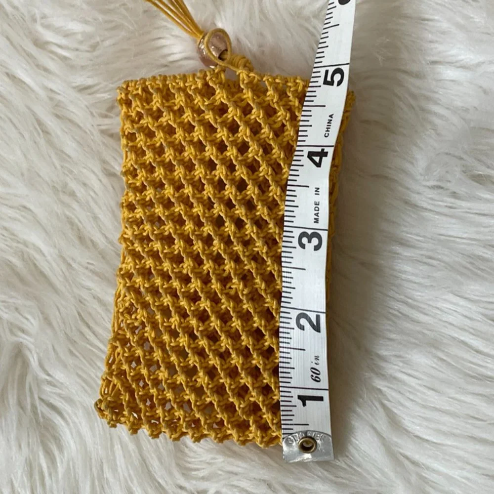 Yellow woven Macrame pouch for small cell phone